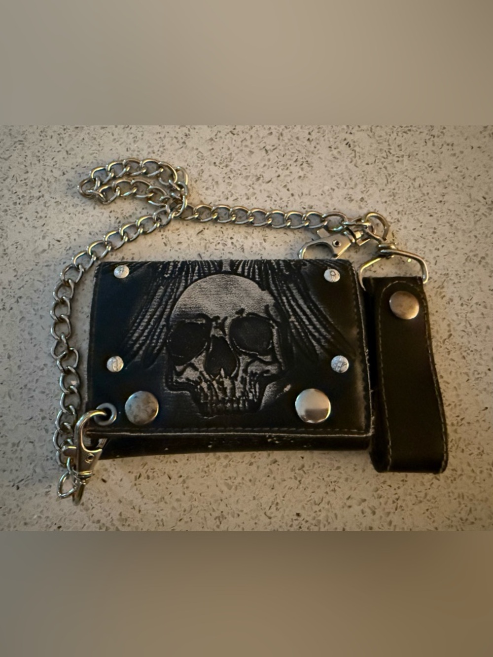 Bikers Black Skull Trifold Chain Wallet , Leather Card Holder PreOwned